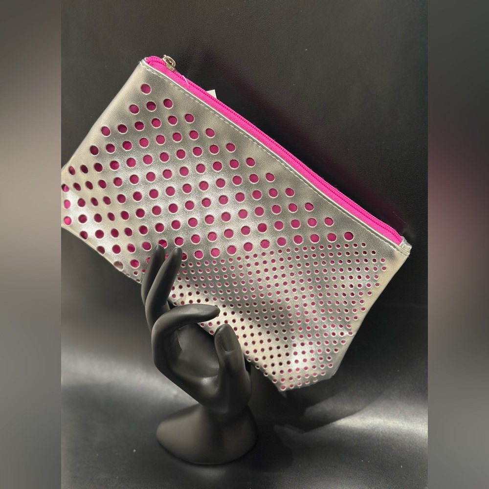 Clinique Metallic Silver Pink Polka Dot Makeup Bag